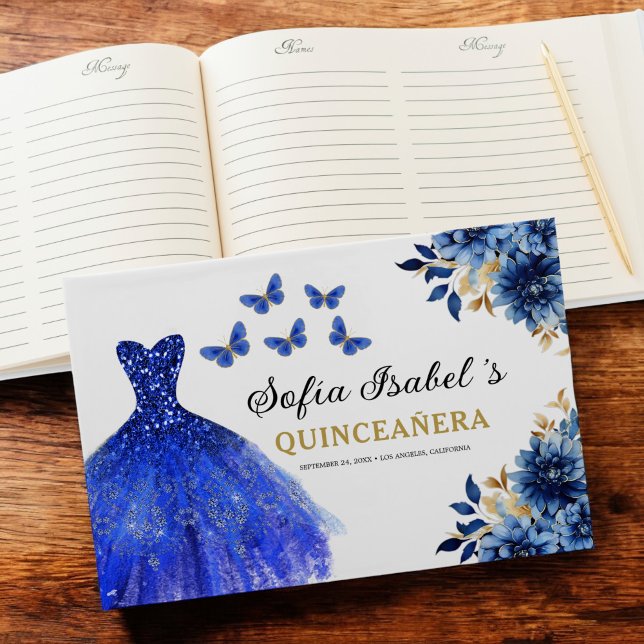 Quinceañera Royal Blue Guld Princess Butterflies Gästböcker (Skapare uppladdad)