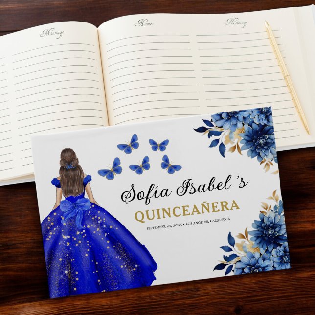 Quinceañera Royal Blue Guld Princess Butterflies Gästböcker (Skapare uppladdad)