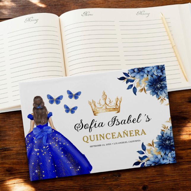 Quinceañera Royal Blue Guld Princess Butterflies Gästböcker (Skapare uppladdad)