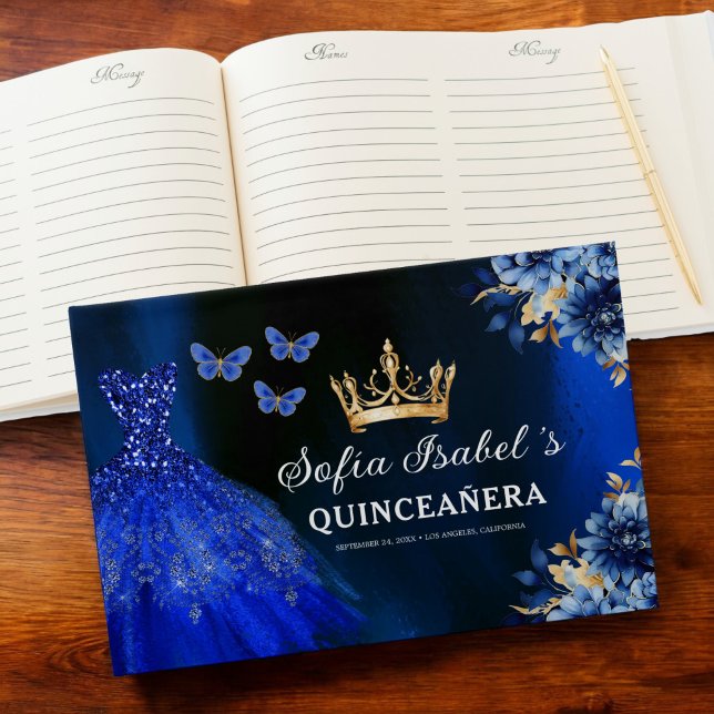 Quinceañera Royal Blue Guld Princess Butterflies Gästböcker (Skapare uppladdad)