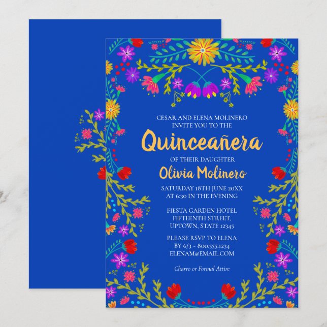 Quinceanera Royal Blue Mexican Flowers Birthday Inbjudningar (Fram/baksida)