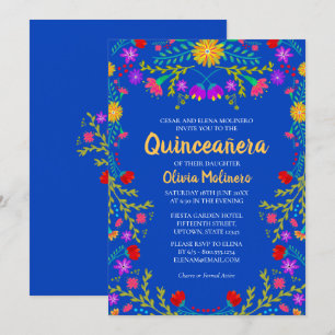 Quinceanera Royal Blue Mexican Flowers Birthday Inbjudningar