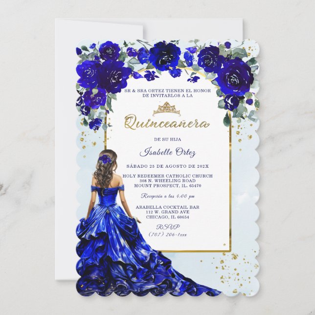 Quinceañera Royal Blue och Guld Inbjudningar (Framsida)
