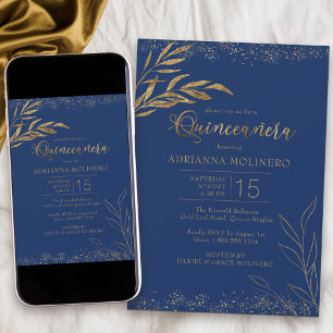 Quinceanera Royal Blue och Guld Löv Elegant Inbjudningar