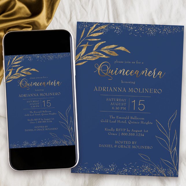 Quinceanera Royal Blue och Guld Löv Elegant Inbjudningar (Modern Quinceanera invitation in blue from my Gold Leaf Collection
)