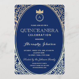 Quinceanera Royal Blue och Guld Princess Monogram Inbjudningar