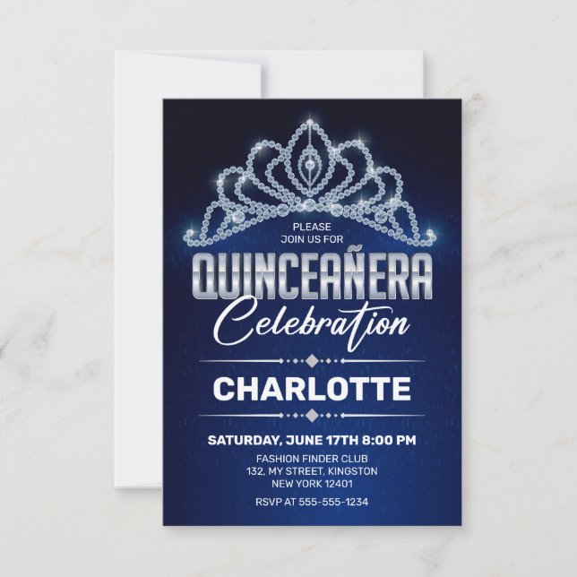Quinceanera Royal Blue Princesse Diamantkrona Inbjudningar (Framsida)