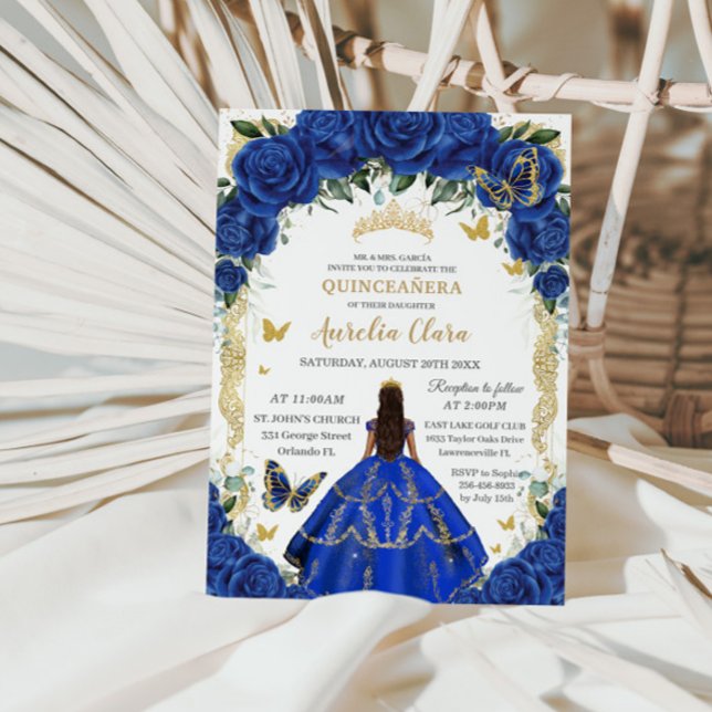 Quinceañera Royal Blue Ro Blommigt Vintage Guld Inbjudningar (Skapare uppladdad)