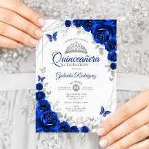Quinceanera Royal Blue Silver Blommigt