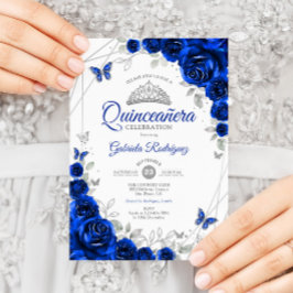 Quinceanera Royal Blue Silver Blommigt Inbjudningar