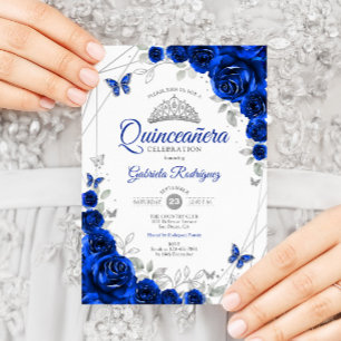 Quinceanera Royal Blue Silver Blommigt Inbjudningar