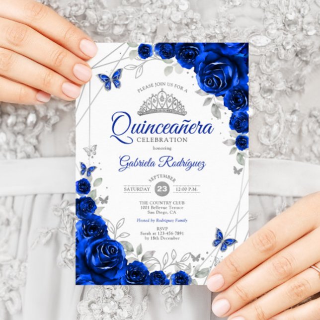 Quinceanera Royal Blue Silver Blommigt Inbjudningar (Skapare uppladdad)