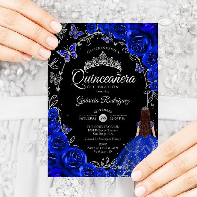 Quinceanera Royal Blue Silver Blommigt Inbjudningar (Skapare uppladdad)