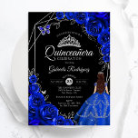 Quinceanera Royal Blue Silver Dress Floral Inbjudningar<br><div class="desc">Royal blue black and silver Quinceanera celebration invitation. Features brunette girl in ball gown dress,  script font,  silver butterflies,  watercolor roses and tiara. Perfect for an elegant princess style glam celebration. Personalize with your own details. Printed Zazzle invitations or instant download digital printable template.</div>