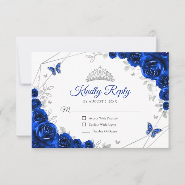 Quinceanera Royal Blue Silver Floral Reply OSA Kort (Framsida)
