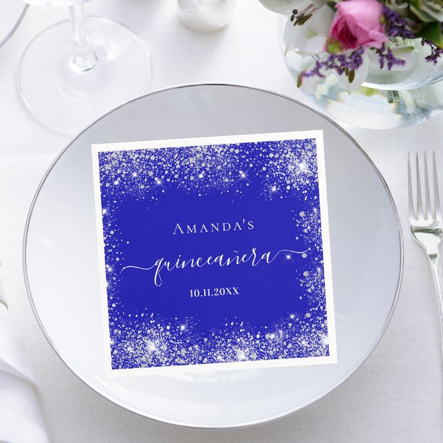 Quinceanera royal blue silver glitter monogram pappersservett (Skapare uppladdad)
