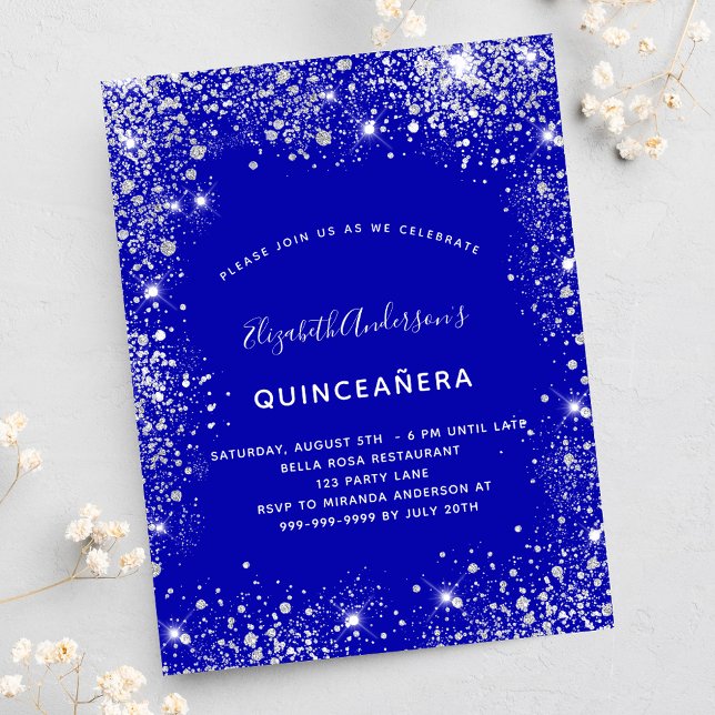 Quinceanera royal blue silver glitter stoftglam inbjudan vykort (Skapare uppladdad)