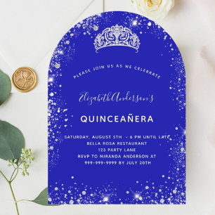 Quinceanera royal blue silver glitter tiara arch inbjudningar