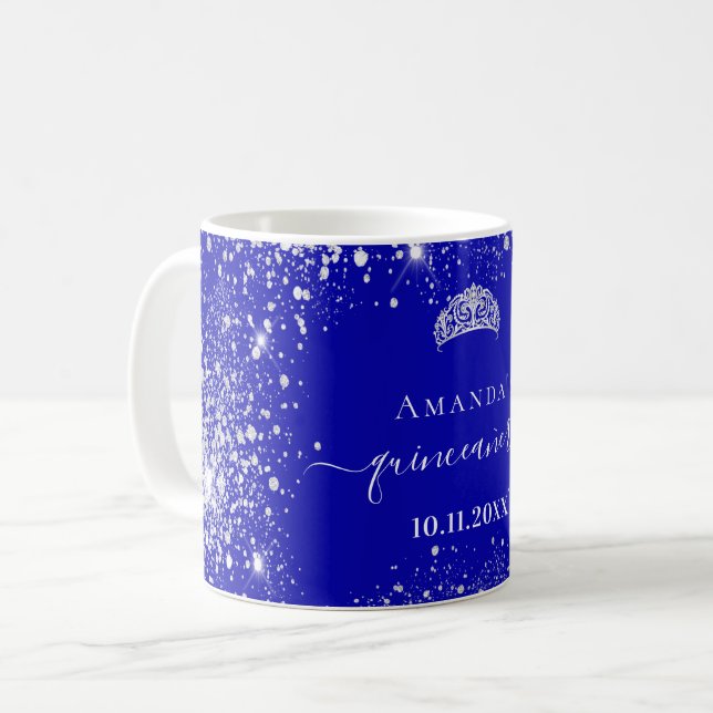 Quinceanera royal blue silver glitter tiara namn kaffemugg (Framsida vänster)