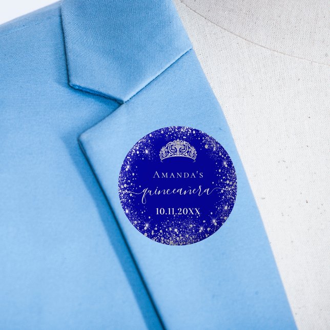Quinceanera royal blue silver glitter tiara namn knapp (Skapare uppladdad)