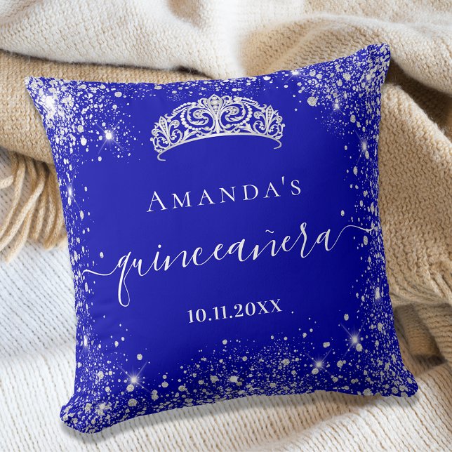 Quinceanera royal blue silver glitter tiara namn kudde (Skapare uppladdad)