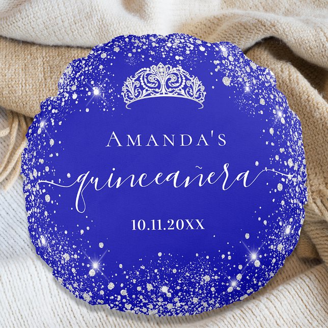 Quinceanera royal blue silver glitter tiara namn rund kudde (Skapare uppladdad)