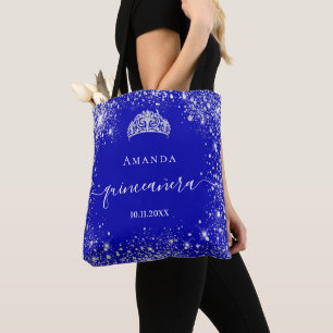 Quinceanera royal blue silver glitter tiara namn tygkasse