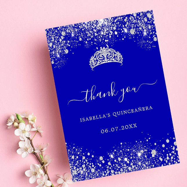 Quinceanera royal blue silver glitter tiara tack kort (Skapare uppladdad)