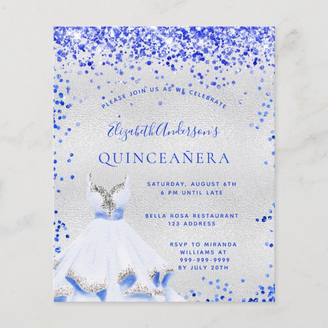 Quinceanera royal blue silver inbjudan (Framsida)