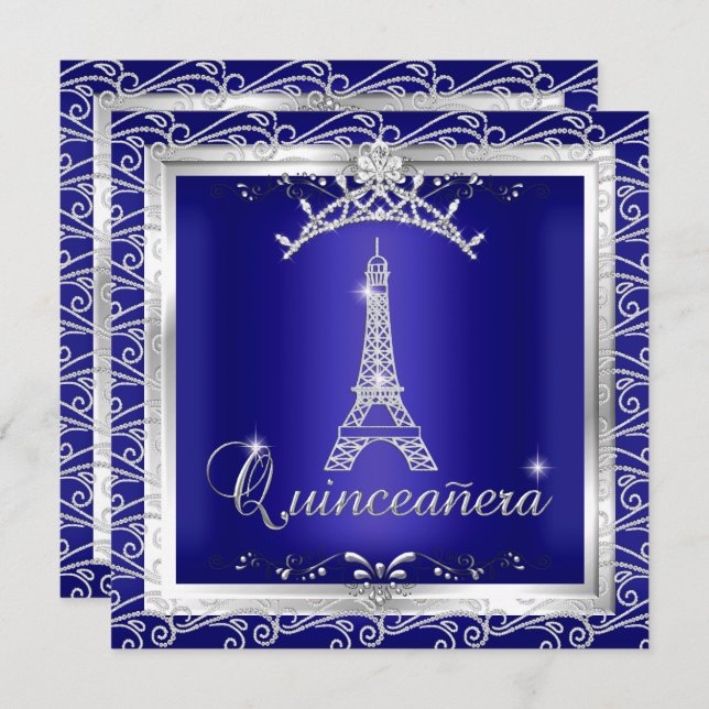 Quinceanera Royal Blue Silver Tiara Eiffel Torn 2 Inbjudningar (Fram/baksida)