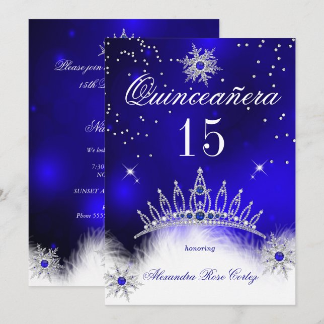 Quinceanera Royal Blue Snowflake 15:e födelsedagen Inbjudningar (Fram/baksida)