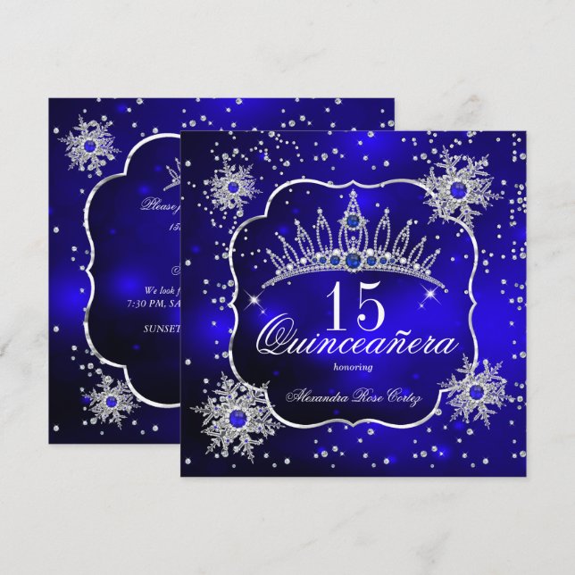 Quinceanera Royal Blue Snowflake Tiara 15 Party Inbjudningar (Fram/baksida)
