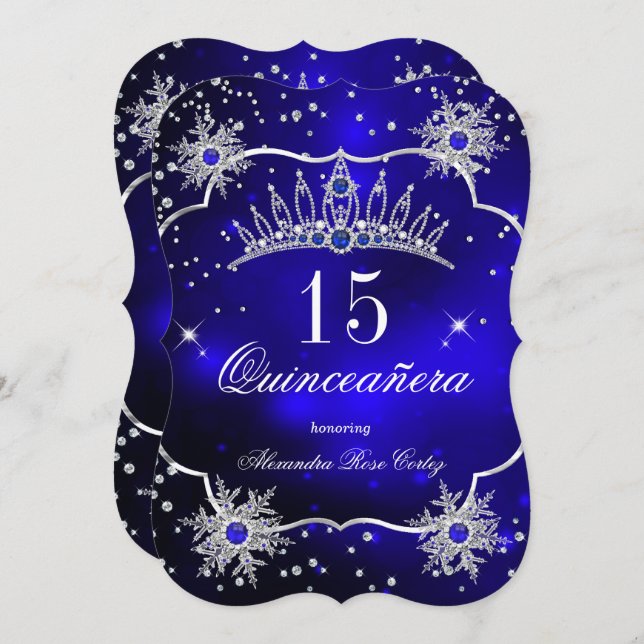 Quinceanera Royal Blue Snowflake Tiara 15 Party Inbjudningar (Fram/baksida)