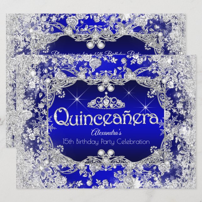 Quinceanera Royal Blue Tiara Winter Wonderland Inbjudningar (Fram/baksida)