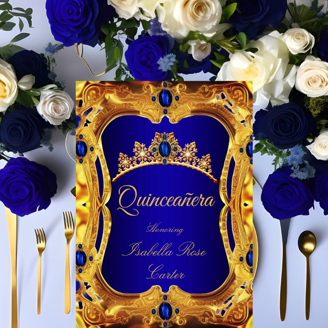Quinceanera Royal Blue Ultra Guld Tiara Party Inbjudningar (Skapare uppladdad)