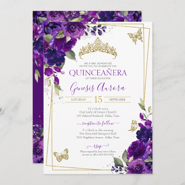 Quinceañera Royal Lila Blommigt Butterfly Inbjudningar (Fram/baksida)