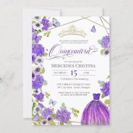 Quinceañera Royal Lila Garden butterfly Tiara Inbjudningar