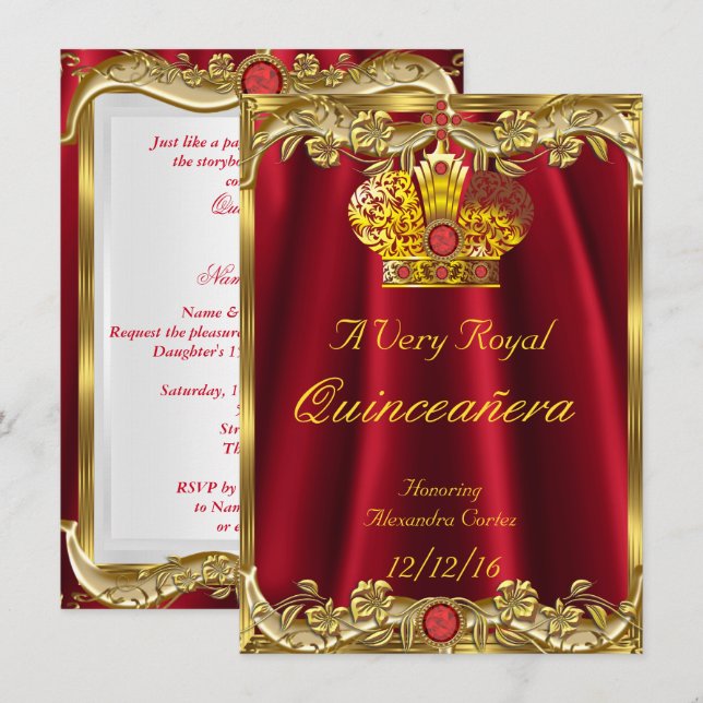 Quinceanera Royal Red Gem Guld Princess Krona 2 Inbjudningar (Fram/baksida)