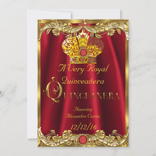 Quinceanera Royal Red Gem Guld Princess Krona Inbjudningar (Framsida)