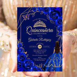 Quinceanera Royalblå Guld Klänning Blommig Inbjudningar