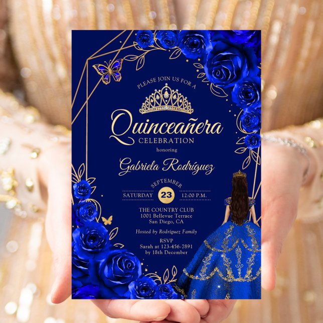 Quinceanera Royalblå Guld Klänning Blommig Inbjudningar (Skapare uppladdad)