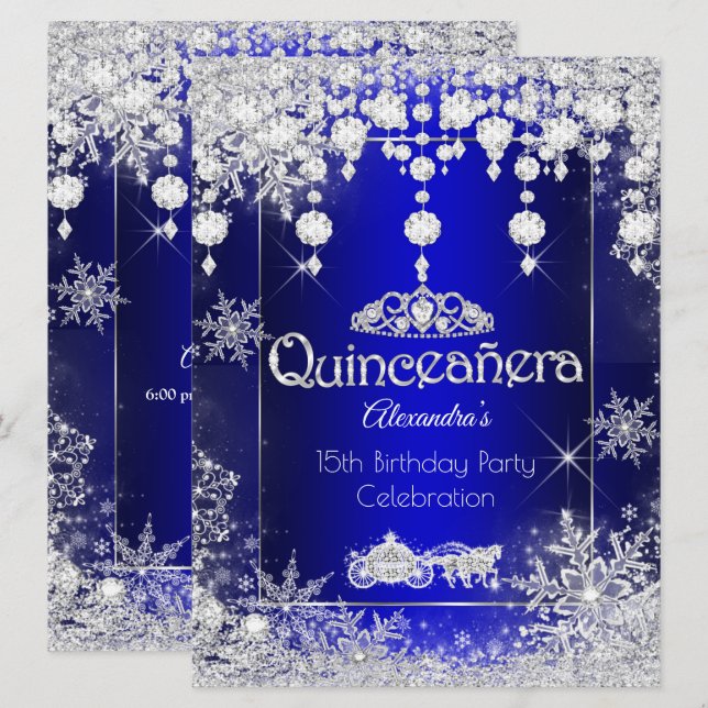 Quinceanera Royalblå Sagovärld Vinterundret Inbjudningar (Fram/baksida)