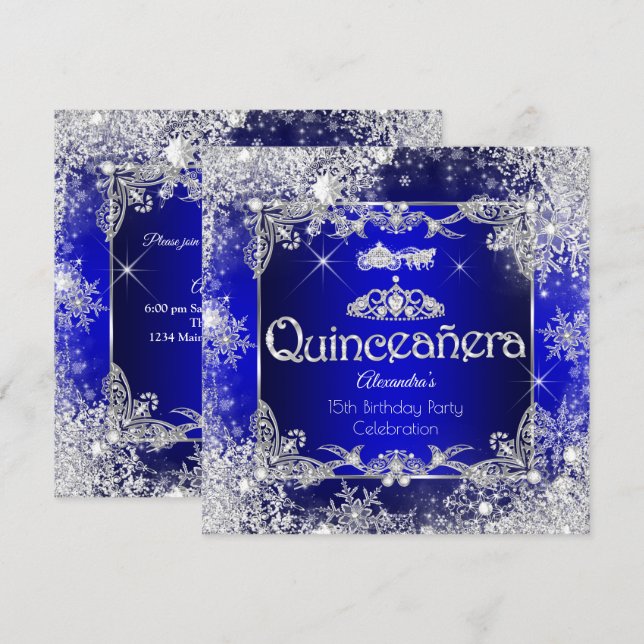 Quinceanera Royalblå Sagovärld Vinterundret Inbjudningar (Fram/baksida)