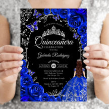 Quinceanera Royalblå Silver Blommig