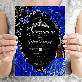 Quinceanera Royalblå Silver Blommig Inbjudningar
