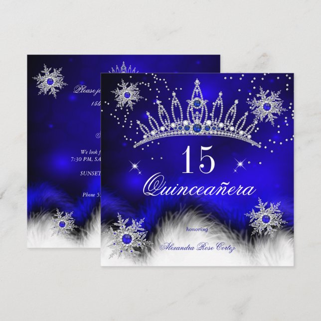 Quinceanera Royalblå Snöflinga 15-årsdag Inbjudningar (Fram/baksida)