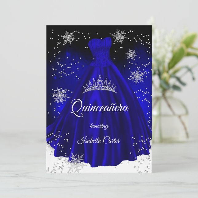 Quinceanera Royalblå snöflinga Silverklänning Inbjudningar (Stående Fram)