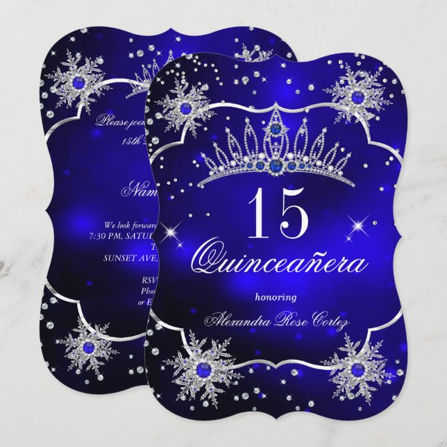 Quinceanera Royalblå Snöflinga Tiara 15-årsfirande Inbjudningar (Fram/baksida)