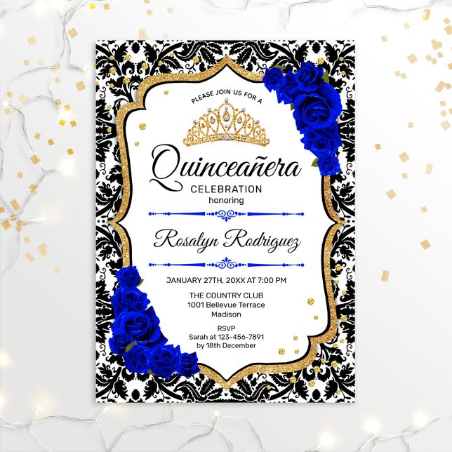 Quinceanera - Royalet Damask Blue Guld Inbjudningar (Skapare uppladdad)