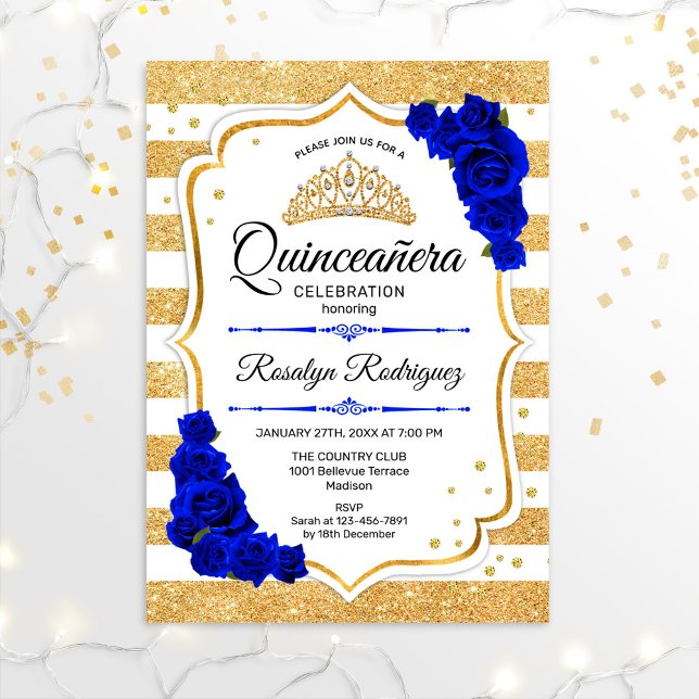 Quinceanera - Royalet Vita Guld Rand Blue Inbjudningar (Skapare uppladdad)